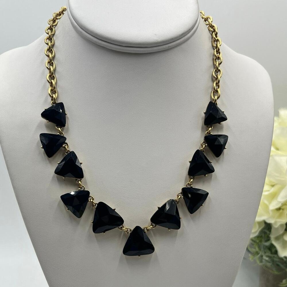 J. Crew Necklace Gold Tone Chain‎ Statement Triangle Black Faceted Rhinestones